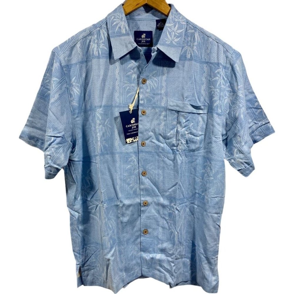 Caribbean Joe Sky Blue 100% Silk Tropical Button Front Shirt Size M, New